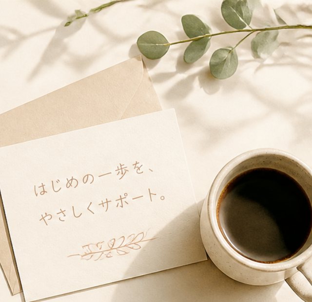 落ち着いた机の上に置かれた封筒とコーヒーカップ